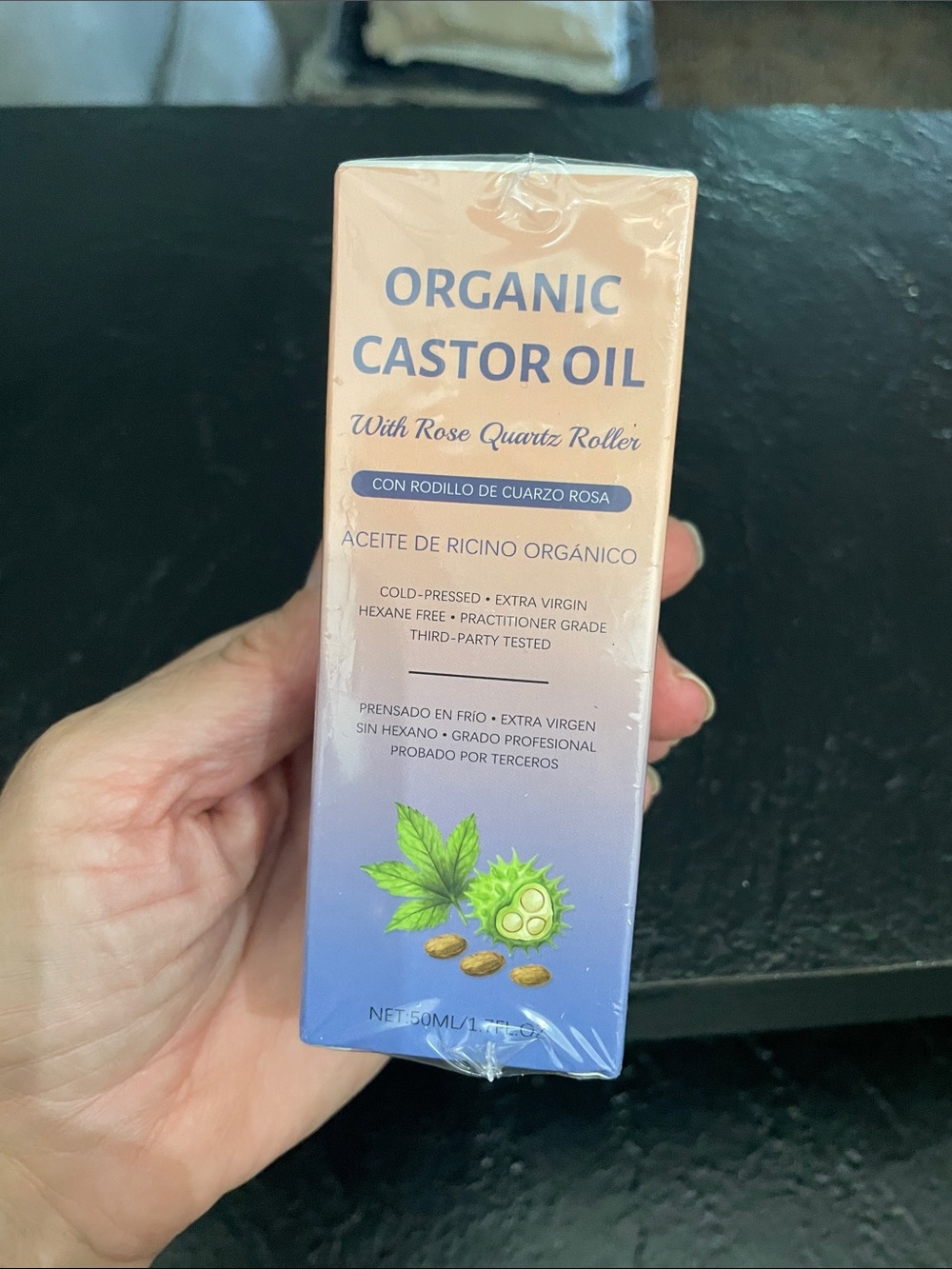 NIB Organic Castor Oil with Rose Quartz Roller - Pink to Lavender Packaging